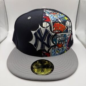 New York Yankees New Era 59FIFTY Comic Book Print Fitted Hat Navy Grey Size 8